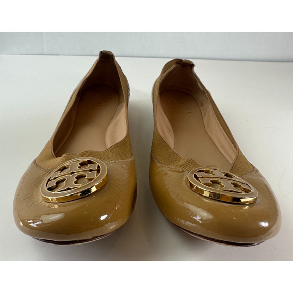 Tory Burch Caroline 2 Ballet Flats Tan Beige Patent Leather Ballerina Shoes 7 7M - Picture 2 of 16